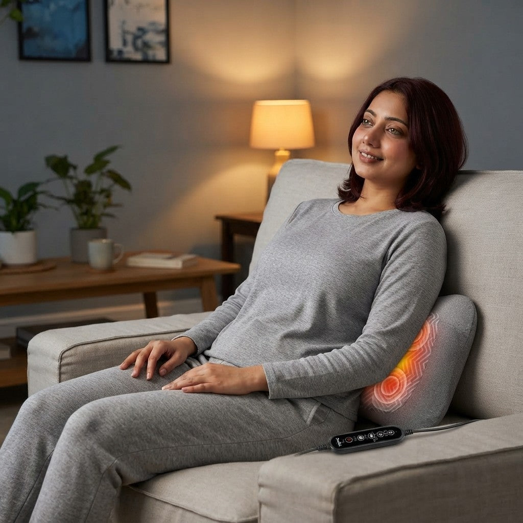 Woman relaxing on a sofa with the heated lumbar pillow supporting her back