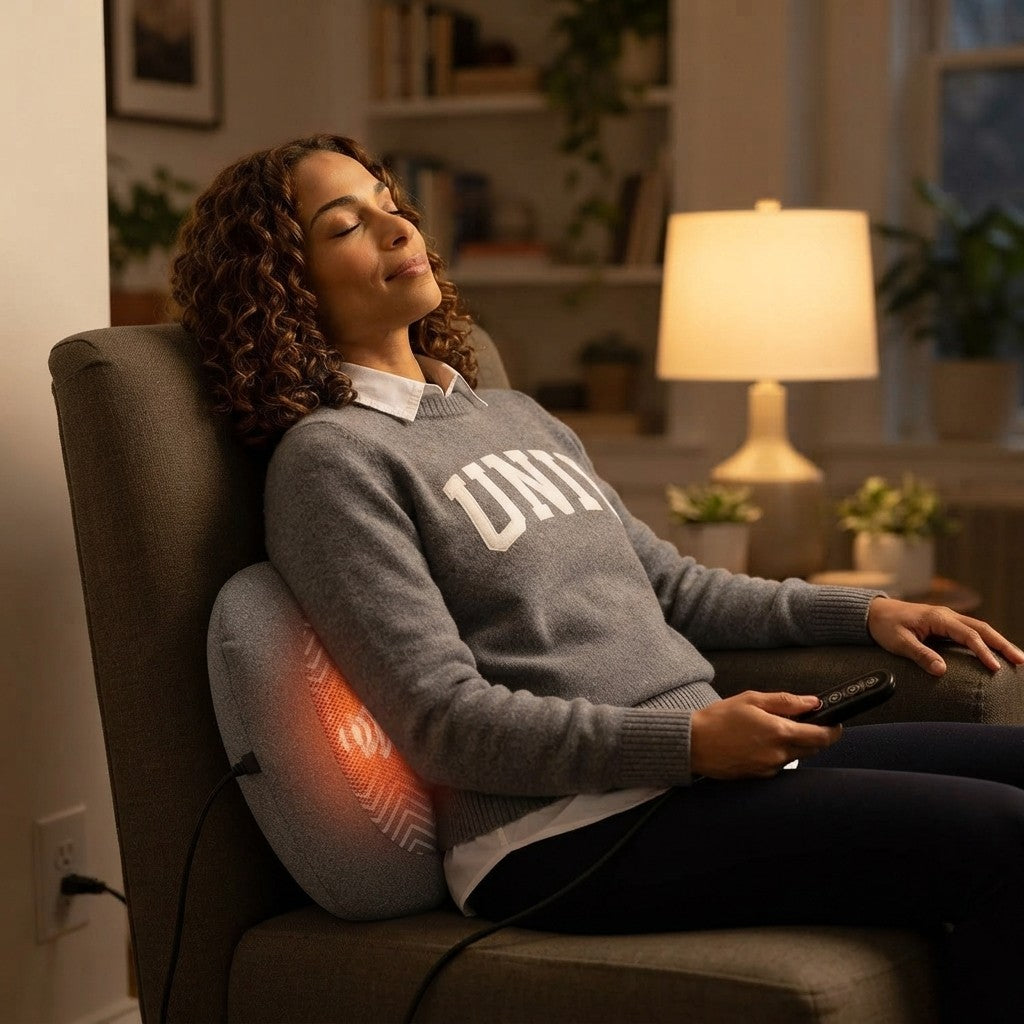 Woman relaxing in an armchair using the lumbar pillow with remote control