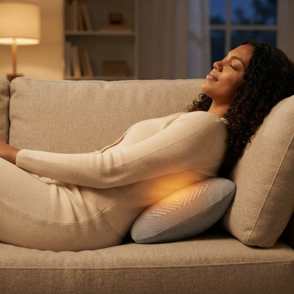 Woman resting on a couch in the evening with the warming lumbar pillow